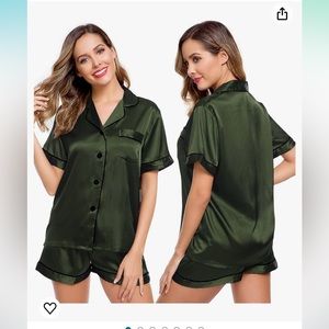 Army green silk satin pajama two piece set in large